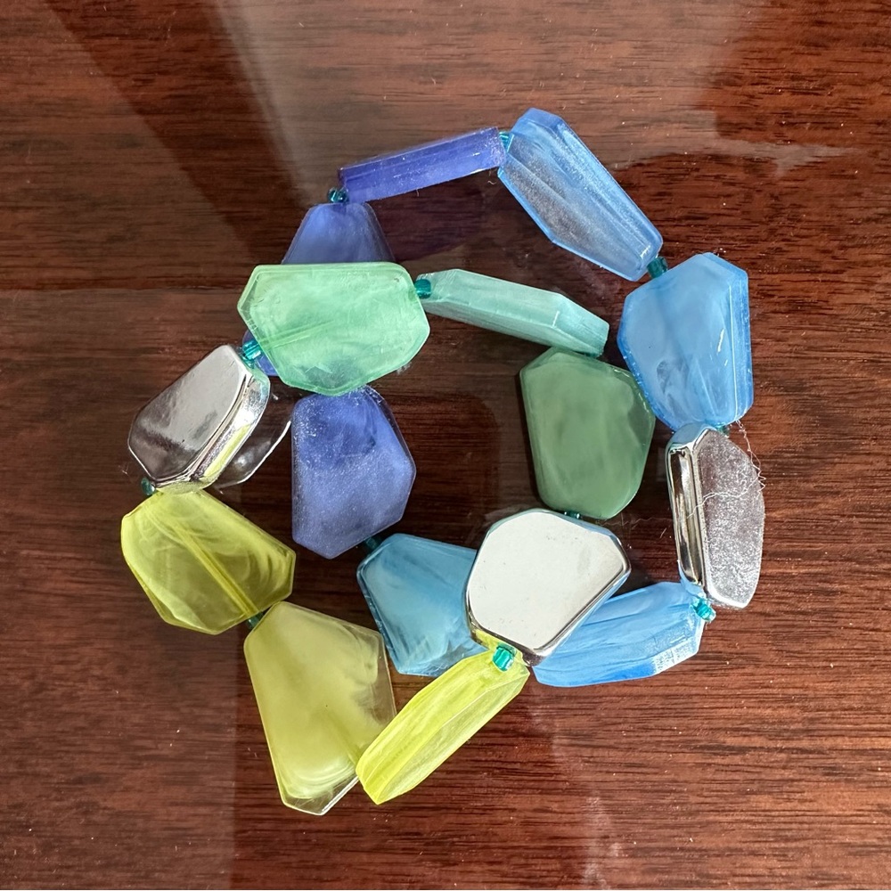 Set of 2 Colorful Bracelets Blue and Green Stretchy Geometric